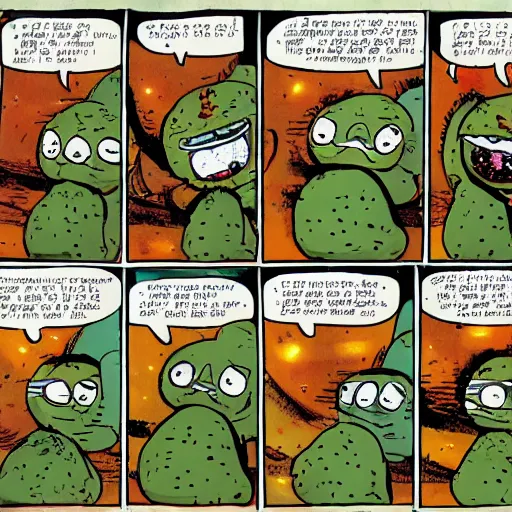 Image similar to a 3 panel comic strip about avocadoes in space, style of bill watterson