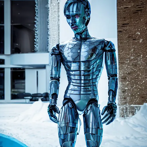 Image similar to made of ice, a realistic detailed photo of a guy who is an attractive humanoid who is half robot and half humanoid, who is a male android, on display, blank stare, showing off his muscles, shiny skin, posing like a statue, by the pool, frozen ice statue, twitch streamer / gamer ludwig, humanoid robot