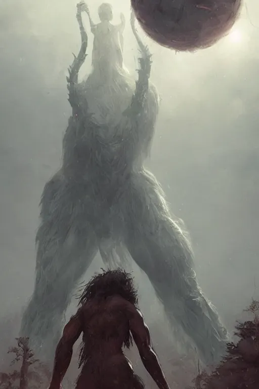 Prompt: a tall looming humanoid beast towers over a tiny human. at dawn, ethereal fantasy art by greg rutkowski