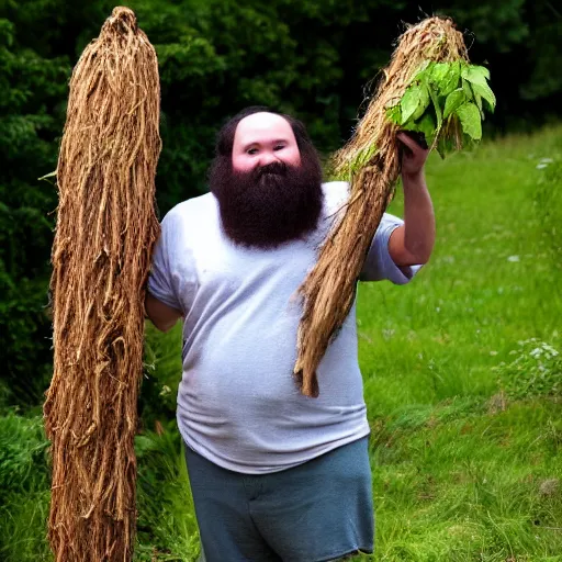 Image similar to a photo of a very hairy fat man with long hair holding a 2 0 m long yam