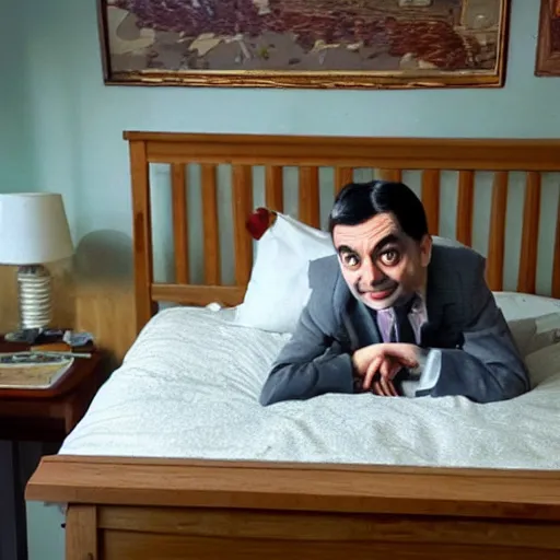 Prompt: mr. bean pouring beans on his bed