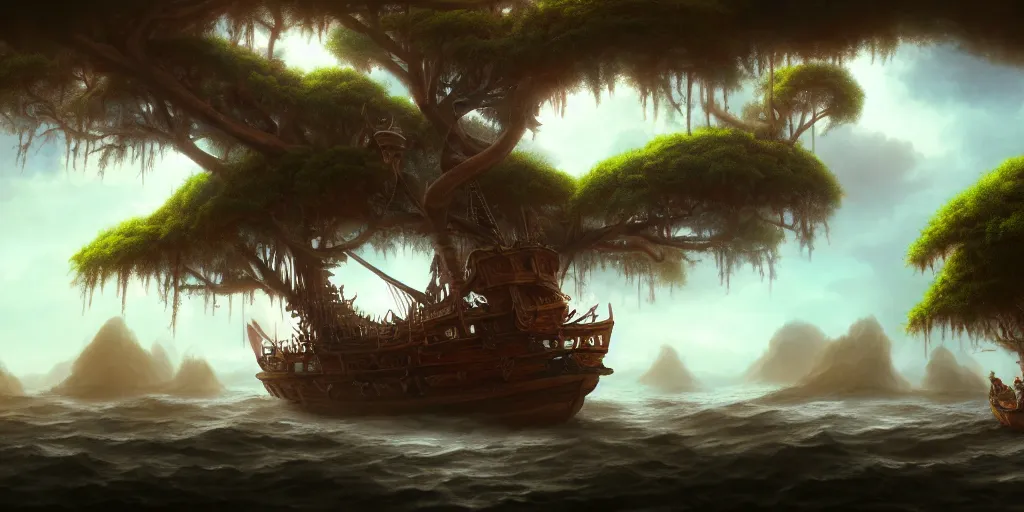 Prompt: A pirate ship stranded in the treetops of giant oaks, game art matte painting hyperdetailed, artstation, cgsociety, 8k, surreal dream landscape