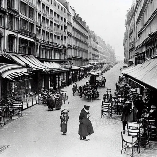 Prompt: une rue de paris vide avec des voitures garees, un restaurant avec une terrasse, des boutiques avec des neons, en debut de matinee en 1 9 1 0