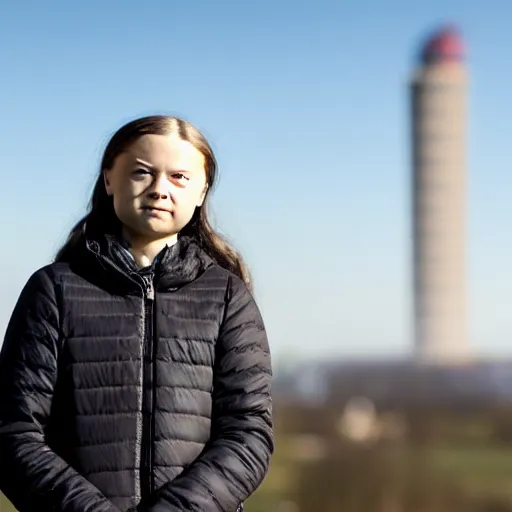 Image similar to photo of greta thunberg standing on top of a very tall tower