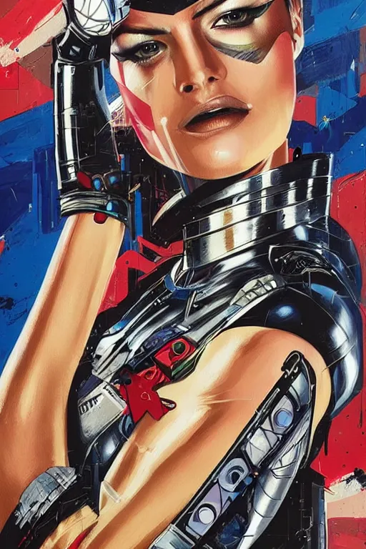Prompt: full body painting of a female android, by MARVEL comics and Sandra Chevrier