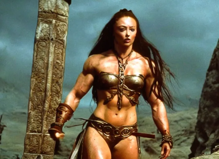 Image similar to still of muscular sophie turner in conan the barbarian directed by frank frazetta, high resolution