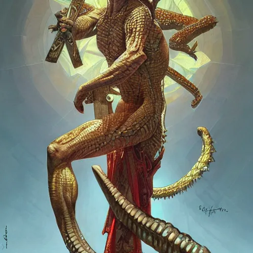 Image similar to fullbody!! dynamic action pose, christ as a scaly cold blooded reptilian lizard holding a holy cross in his claws, intricate, elegant, highly detailed, digital painting, artstation, concept art, smooth, sharp focus, illustration, art by artgerm and greg rutkowski and alphonse mucha