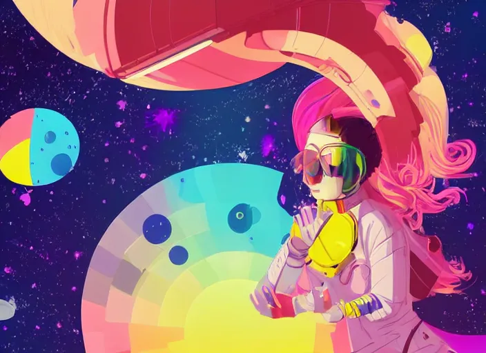 Prompt: a beautiful woman with rainbow hair floating in space. she is an astronaut, wearing a space suit, fixing her space rocket. clean cel shaded vector art. shutterstock. behance hd by lois van baarle, artgerm, helen huang, by makoto shinkai and ilya kuvshinov, rossdraws, illustration, art by ilya kuvshinov