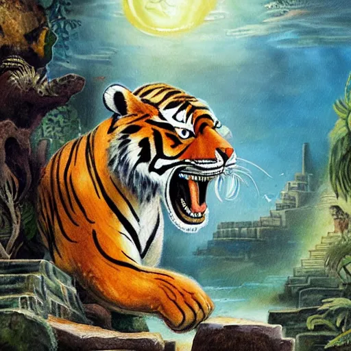 Image similar to a painting of a tiger discovering the lost city of atlantis