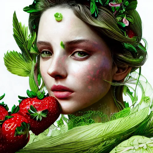 Prompt: the portrait of an absurdly beautiful, graceful, elegant, sensual woman made of strawberries and green petals, an ultrafine hyperdetailed illustration by kim jung gi, irakli nadar, intricate linework, bright colors, octopath traveler, final fantasy, unreal engine 5 highly rendered, global illumination, radiant light, detailed and intricate environment