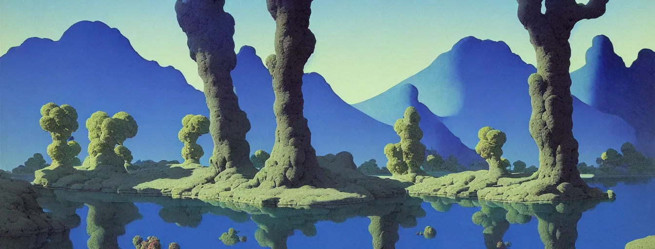 Image similar to a gorgeous very early spring blue desert painting by barlowe wayne maxfield parrish and marco mazzoni. tree no leaf!!!! china mountain village!! grey blue and very little light verdancy. ultra clear detailed. 3 d, octane render. turbulent blood lake.