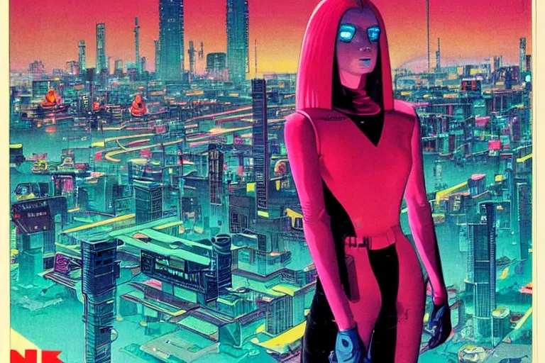 Image similar to 1979 OMNI Magazine Cover of android with shiny Chrome face with Pink hair. neo-Tokyo streets behind her. in cyberpunk style by Vincent Di Fate