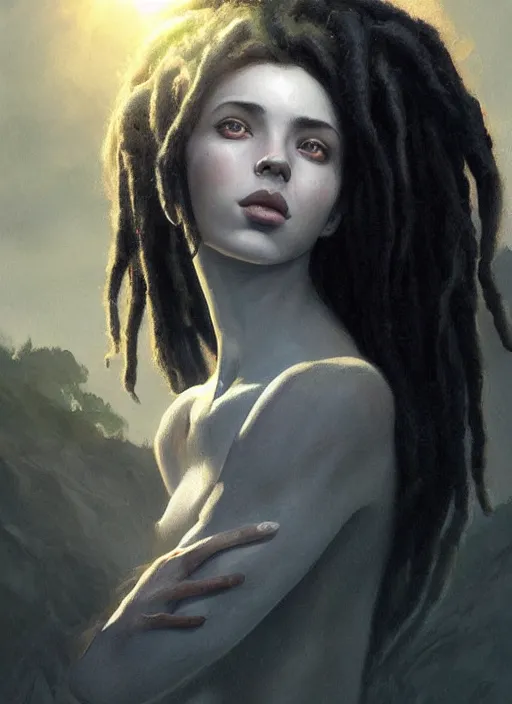 Image similar to girl with pale white skin and black dreadlocks, beautiful highly detailed face, complementary lighting, backlit, black eyeshadow, dark eyes, adventure, dramatic lighting, landscape background, beautiful painting by artgerm and greg rutkowski and raymond swanland