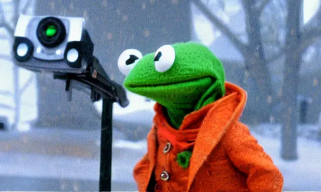 Prompt: kermit the frog as a weather reporter in a snow storm from new york he is wearing a brown parka, television static, 90s television