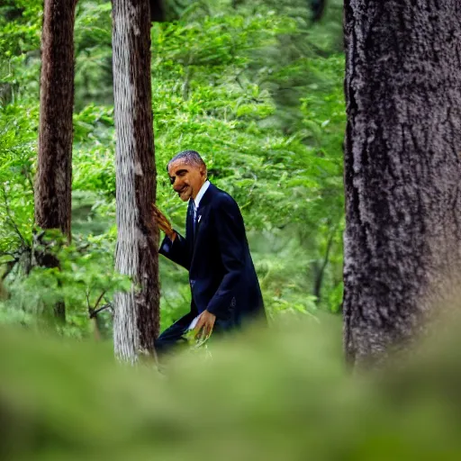 Prompt: Happy Obama playing hide and seek behind a tree in a forest, 40nm lens, 4k