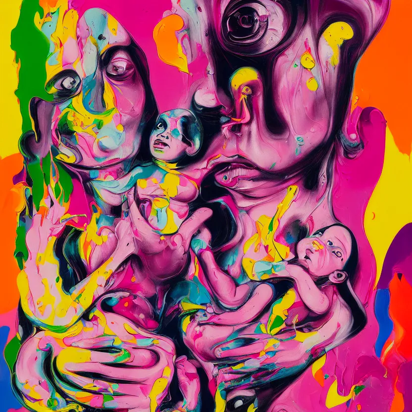 Image similar to woman holding a baby, an ultrafine detailed painting by peter max and francis bacon and fiona rae and hernan bas and anna mond, featured on deviantart, metaphysical painting, pop surrealism, melting paint, biomorphic, mixed media, photorealistic, dripping paint, palette knife texture, masterpiece