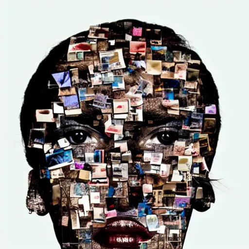 Image similar to a head-shaped chaotic collage made out of fragments of printed images taken from the internet, fashion magazines, and family photographs all coming together to form a hybrid face shape with twisted features in the Dadaesque style, mixed media