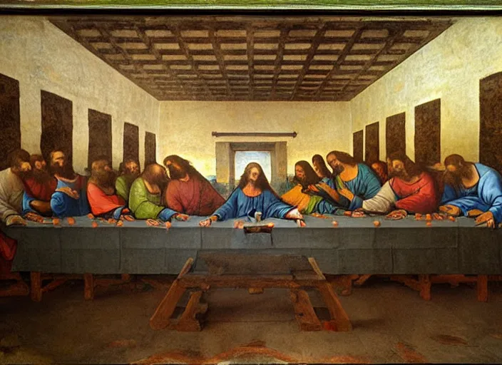 Image similar to Computer LAN party of the last supper painting by Leonardo Da Vinci, oil painting