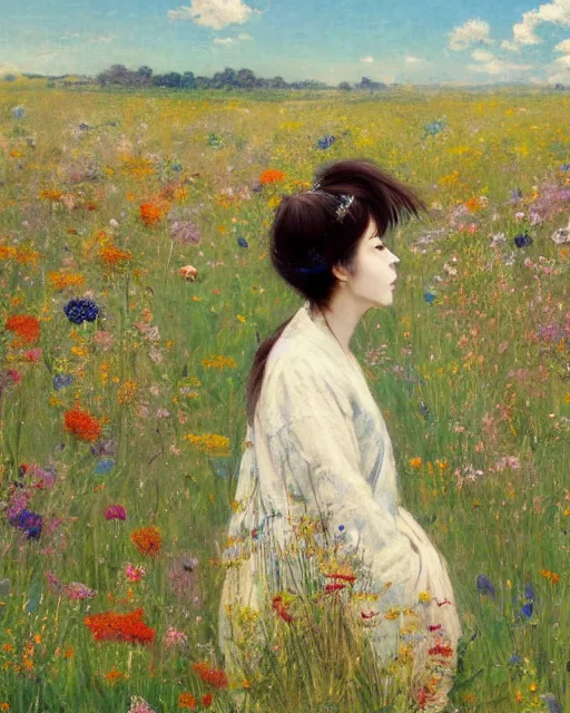 Prompt: A realistic painting of a beautiful anime woman standing in a large field of wildflowers background by Frank Weston Benson and Miyazaki Hayao, wind blowing