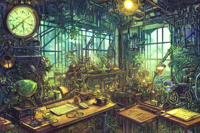 Prompt: Small desk at night with desklamp inside an enormous steampunk machine room with lush vegetation growing around the machines, tropical trees, large leaves, flowers, beautiful starry night sky through the windows, beatifully lit, vivid colors, hyper detailed painting, hyperrealism, vintage science fiction illustration, Studio Ghibli, Rebecca Guay