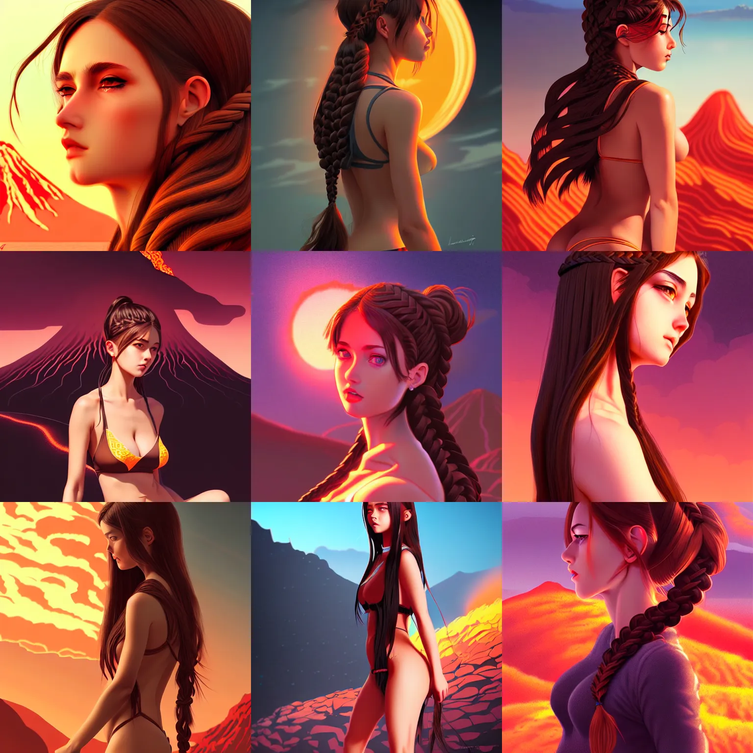 Prompt: sexy girl with braided brown hair, highly detailed, intricate, in the style of ilya kuvshinov and wlop, blazing infero, volcano landscape