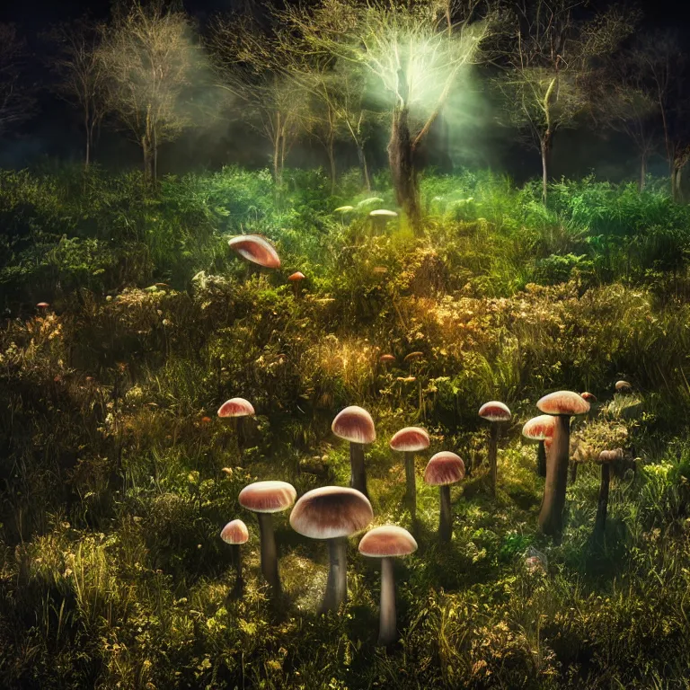 Image similar to a planet of various fungus like trees, mushrooms, flowers and plants, artistic photography, conceptual, long exposure outside the city, volumetric light