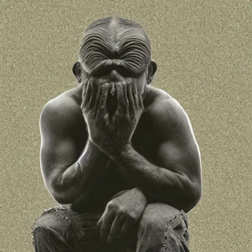 Prompt: a man in the pose of hear no evil