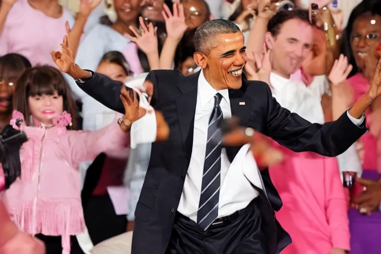 Prompt: barack obama with bangs dancing at the disco,