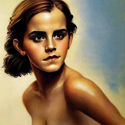 Prompt: portrait of emma watson, artwork by frank frazetta,