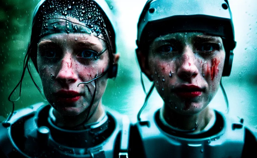 Image similar to cinestill 5 0 d candid photographic portrait by helen levitt of two cyborgs wearing rugged white mesh techwear in treacherous waters, extreme closeup, modern cyberpunk moody depressing cinematic, pouring rain, 8 k, hd, high resolution, 3 5 mm, f / 3 2, ultra realistic faces, ex machina