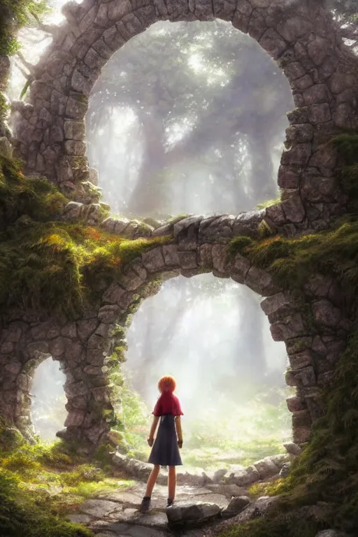 Image similar to a highly detailed matte painting of a teenager with shaggy hair and hip clothes standing in front of a stone gate in the elven forest ruins, by studio ghibli, by artgerm, by wlop, by greg rutkowski, red tones, volumetric lighting, octane render, 4 k resolution, trending on artstation, masterpiece