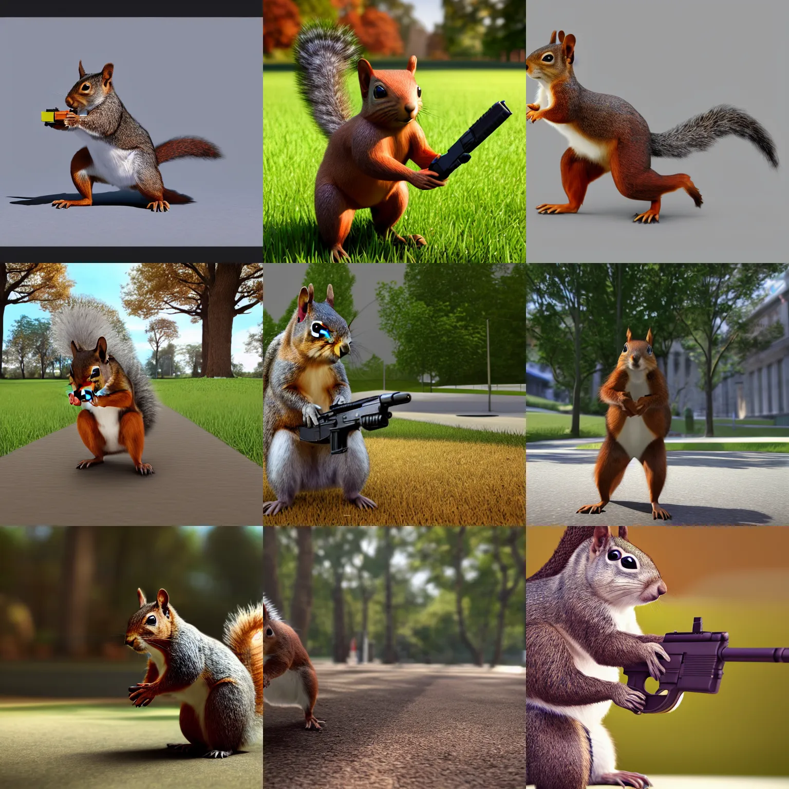 Prompt: a squirrel running through a park carrying a glock, realistic, unreal engine, trending on artstation