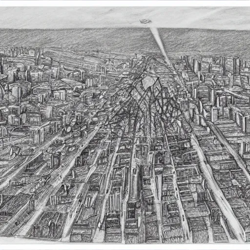 Image similar to pencil sketch of destroyed city bird view