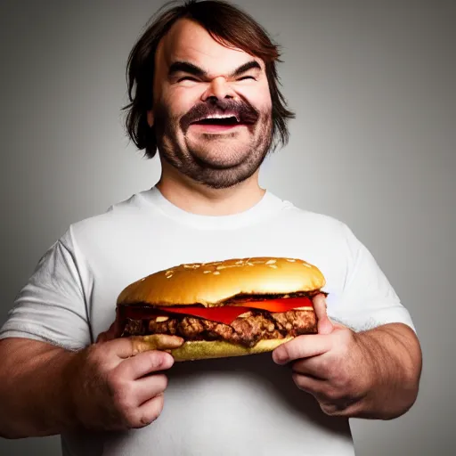 Prompt: Jack Black holding a hamburger, studio, split lighting, evil grin, intense