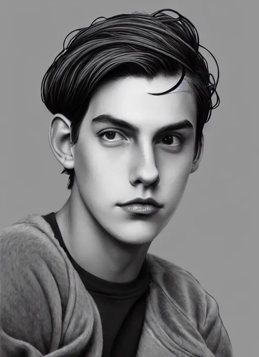 Image similar to portrait of teenage jughead jones wearing a light grey crown, photorealistic, crown made of fabric, crown, crown made of felt, black hair, intricate, elegant, highly detailed, digital painting, glowing lights, artstation, concept art, smooth, sharp focus, illustration, art by wlop, mars ravelo and greg rutkowski