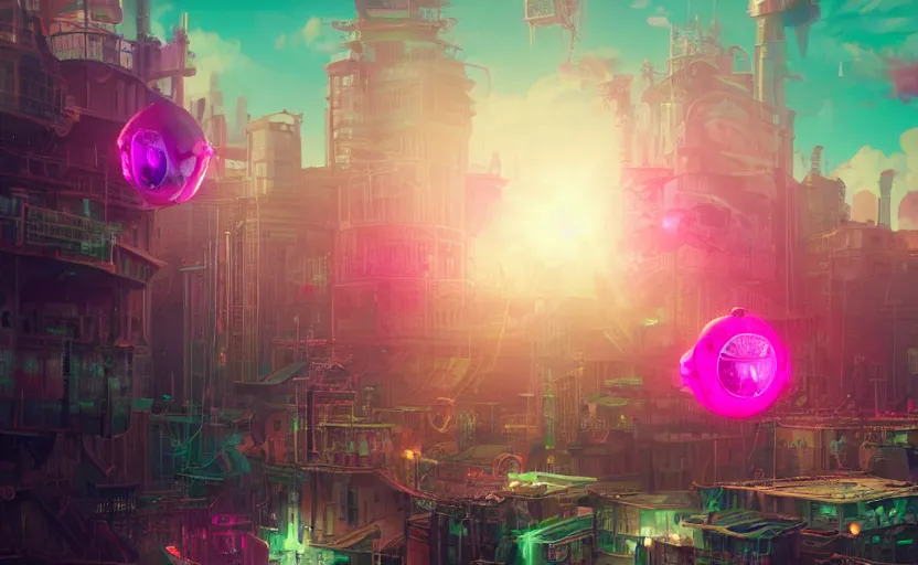 Prompt: a fluffy hot pink kitten with emerald eyes flying between tall buildings in a glowing led neon steampunk city, flying gear airships, game concept art, artstation, digital painting, matte painting, rays of sun, highly detailed, 8k, studio photo