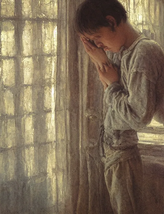 Image similar to peasant boy praying in country house, cottage core, cinematic focus, polaroid photo bleached vintage pastel colors high - key lighting, soft lights, foggy, by steve hanks, by lisa yuskavage, by serov valentin, by tarkovsky, detailed, oil on canvas