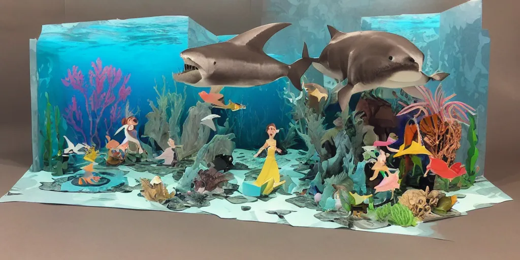 Image similar to paper craft diorama of an underwater party with a king shark and a mermaid