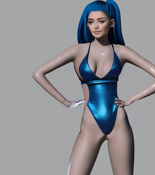 Image similar to anime 3d render, kylie Jenner wearing a swimsuit in an abandoned school, pose: rear hand on waist