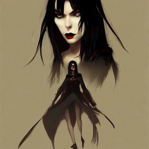 Prompt: female goth human vampire witch in the style of greg rutkowski, makoto shinkai, trending on artstation, character design, concept art, pretty face, highly detailed, portrait digital art