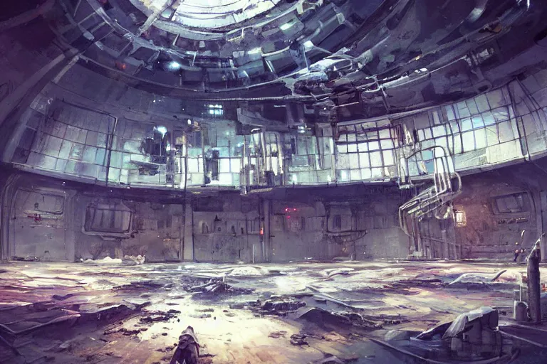 Image similar to A beautiful painting of inside in abandoned rusty space station from kindzadza, Trending on artstation.