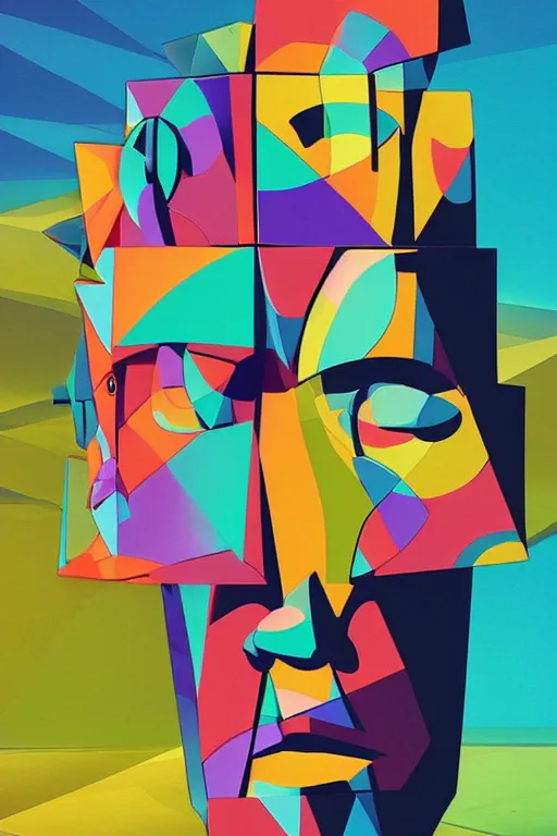 Image similar to cubist moai statue cutout digital illustration cartoon colorful beeple