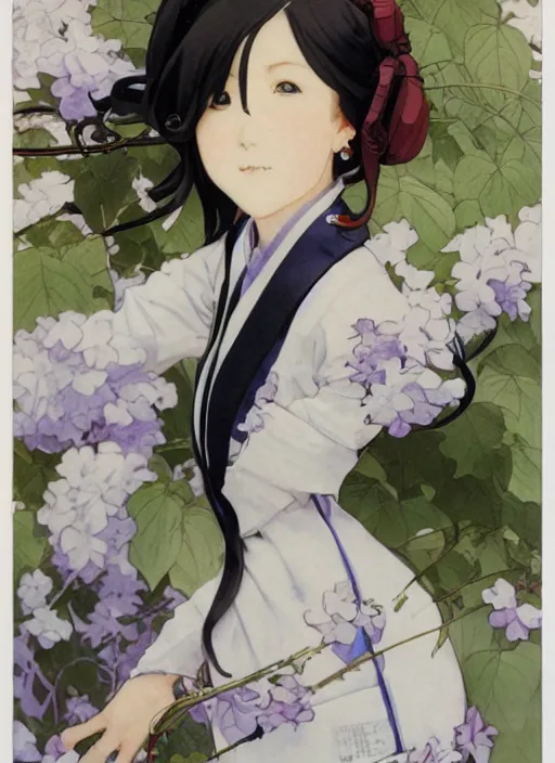 Image similar to a copic maker art nouveau portrait of a japanese anime girl detailed features wearing weeding puffy dress and a pilot suit designed by balenciaga by john berkey, norman rockwell akihiko yoshida