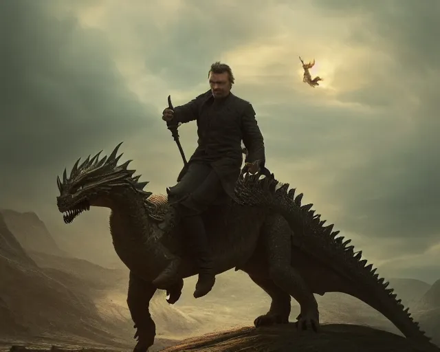 Image similar to 5 5 mm portrait photo of liam neeson riding a dragon. magical atmosphere. art by greg rutkowski. highly detailed 8 k. intricate. lifelike. soft light. nikon d 8 5 0.