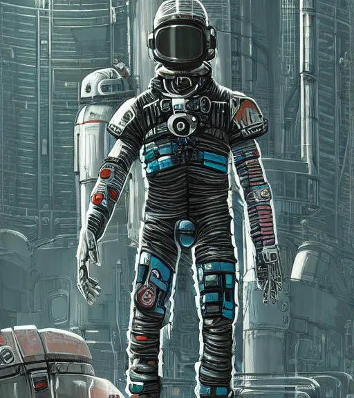 Prompt: cyberpunk engineer with long limbs and a black spacesuit on a spacewalk, dead space, Industrial Scifi, detailed illustration, character portrait, by Martin Grip and Moebius