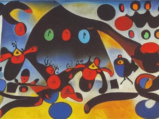 Image similar to oil painting of strange beings in a temple, Joan Miro