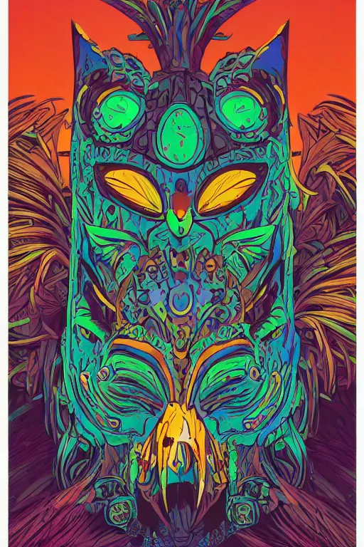 Image similar to animal mask totem roots flower tribal feather gemstone plant wood rock shaman vodoo video game vector cutout illustration vivid multicolor borderlands comics by josan gonzales and dan mumford radiating a glowing aura