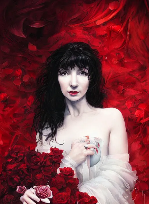 Image similar to portrait of kate bush against a red velvet background, lush black hair, pale skin, white roses, flowing material, intricate, beautiful cinematic lighting, stunning painting by artgerm, caravaggio, android jones, wadim kashin