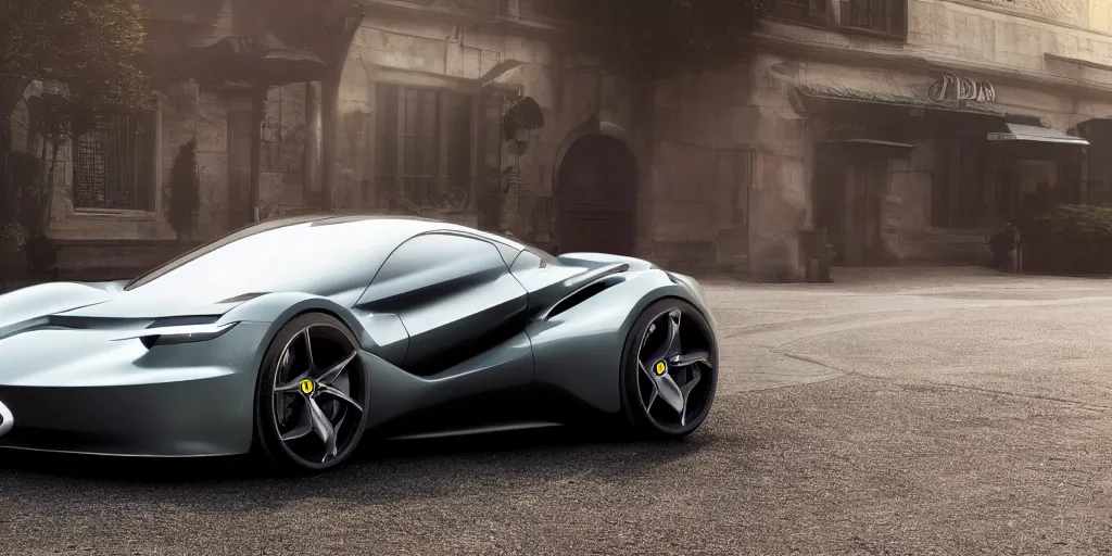 Image similar to a electric sport car designed by ferrari, outdoor magazine, ambient light, fog