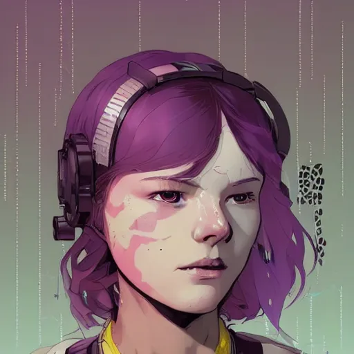 Image similar to Highly detailed portrait of a cyberpunk young lady with, freckles and cool hair by Atey Ghailan, by Loish, by Bryan Lee O'Malley, by Cliff Chiang, inspired by image comics, inspired by graphic novel cover art, inspired by nier!! Gradient purple, silver, black and white color scheme ((grafitti tag brick wall background)), trending on artstation